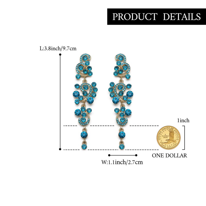 BriLove Long Large Earrings for Women Bohemian Boho Crystal Floral Hollow Chandelier Statement Dangle Jewelry Blue Topaz Color Gold-Toned - Image 5